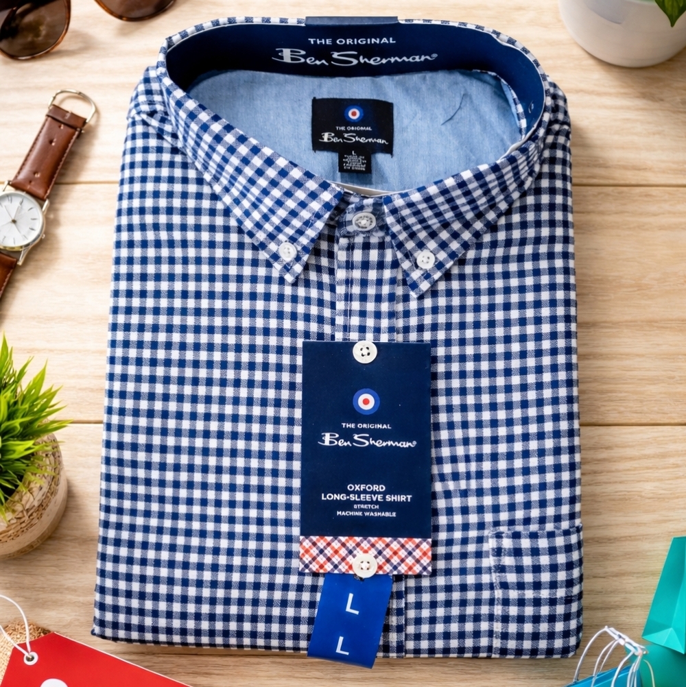 Ben Sherman Blue and White Checkered Casual Button Down L Shirt